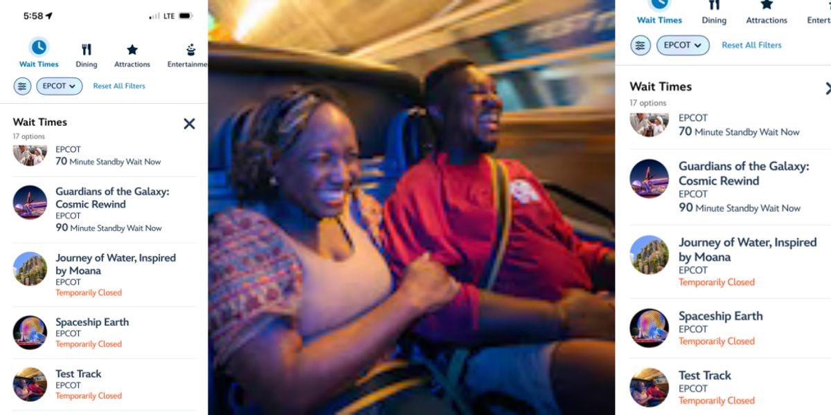 Two guests laughing together while enjoying a ride at Walt Disney World, as the My Disney Experience app on their phone displays current attraction wait times—including an alert that EPCOT’s Test Track has been temporarily closed for over 24 hours with no official update from Disney.