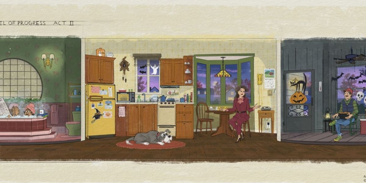 A woman enjoys a relaxing bath, a dog lounges on a rug, and two people gather in a kitchen festive with Halloween decor inspired by the classic Carousel of Progress scene—evoking cozy nostalgia straight out of Magic Kingdom’s beloved attraction.