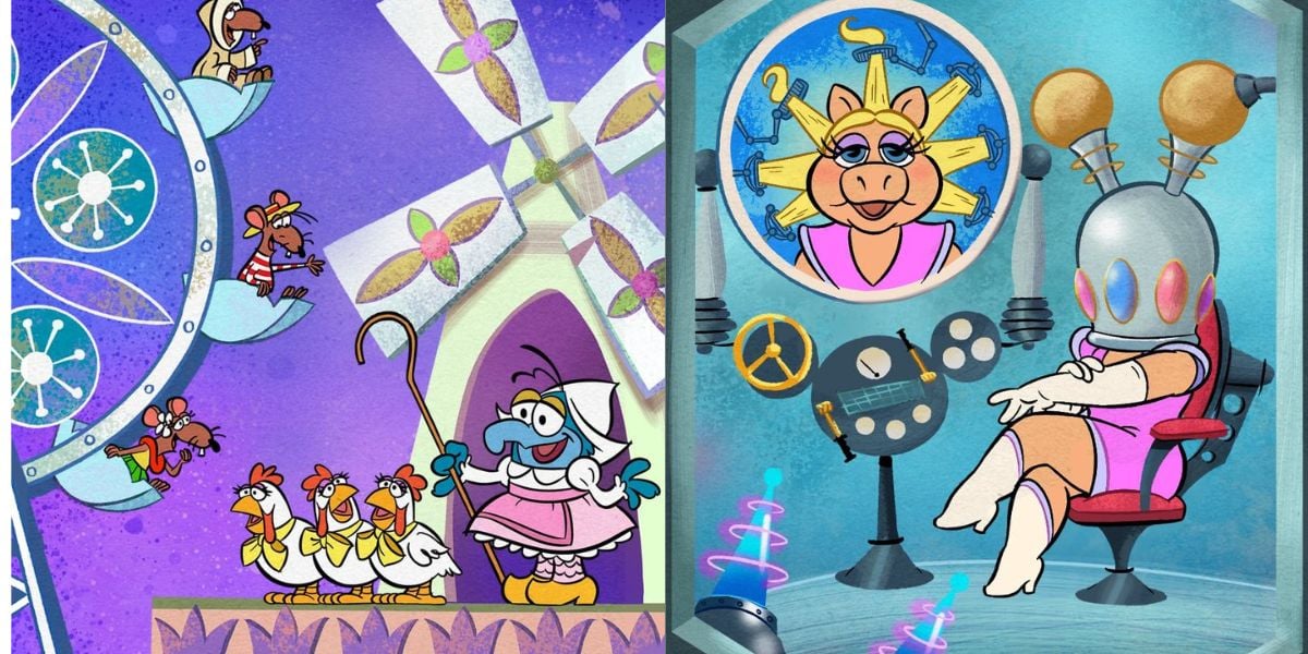 Chickens inspired by The Muppets joyfully ride a Ferris wheel at Magic Kingdom, while Miss Piggy lounges in a high-tech chair surrounded by futuristic screens and controls, adding Disney World’s signature playful flair to the experience.