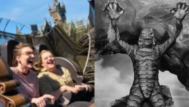 split image: on the left, werewolf coaster in dark universe. on the right, creature from the black lagoon