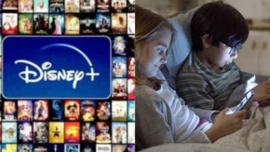 split image: on the left, disney+ logo. on the right, two kids scroll on phones