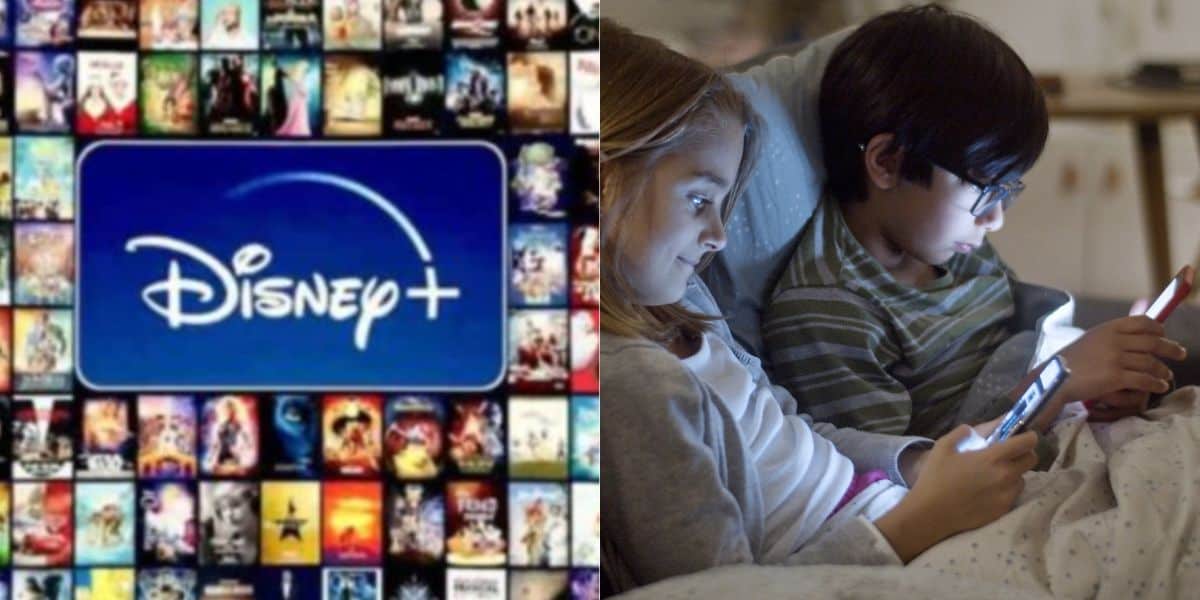 split image: on the left, disney+ logo. on the right, two kids scroll on phones