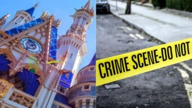 split image: on the left, cinderella castle. on the right, crime scene tape