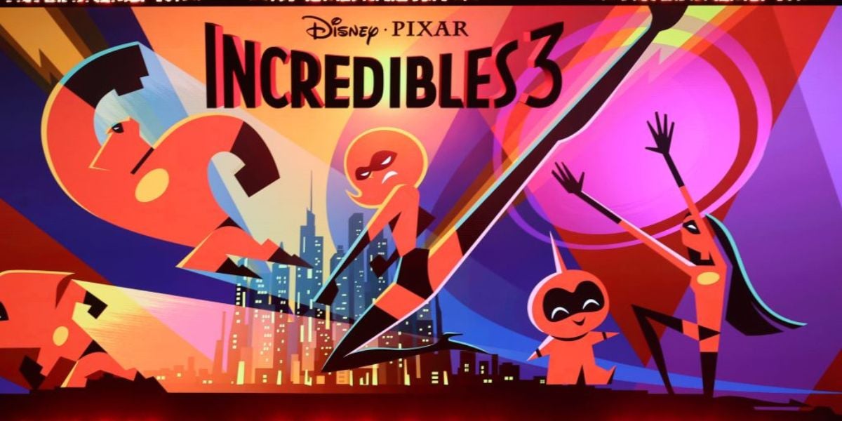 Stylized illustration of the Incredibles family striking action poses beneath a bold “Incredibles 3” title above a city skyline, evoking the thrilling energy of Disney and Pixar’s iconic heroes while building excitement for upcoming announcements at Disney D23 Expo 2026—perfect for fans eager to see what adventures may inspire future theme park attractions.