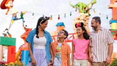 a family at Disney World's Hollywood Studios in Toy Story Land area