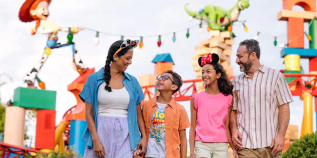 a family at Disney World's Hollywood Studios in Toy Story Land area