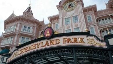 Disneyland Park entrance sign on the Disneyland Hotel in Paris.