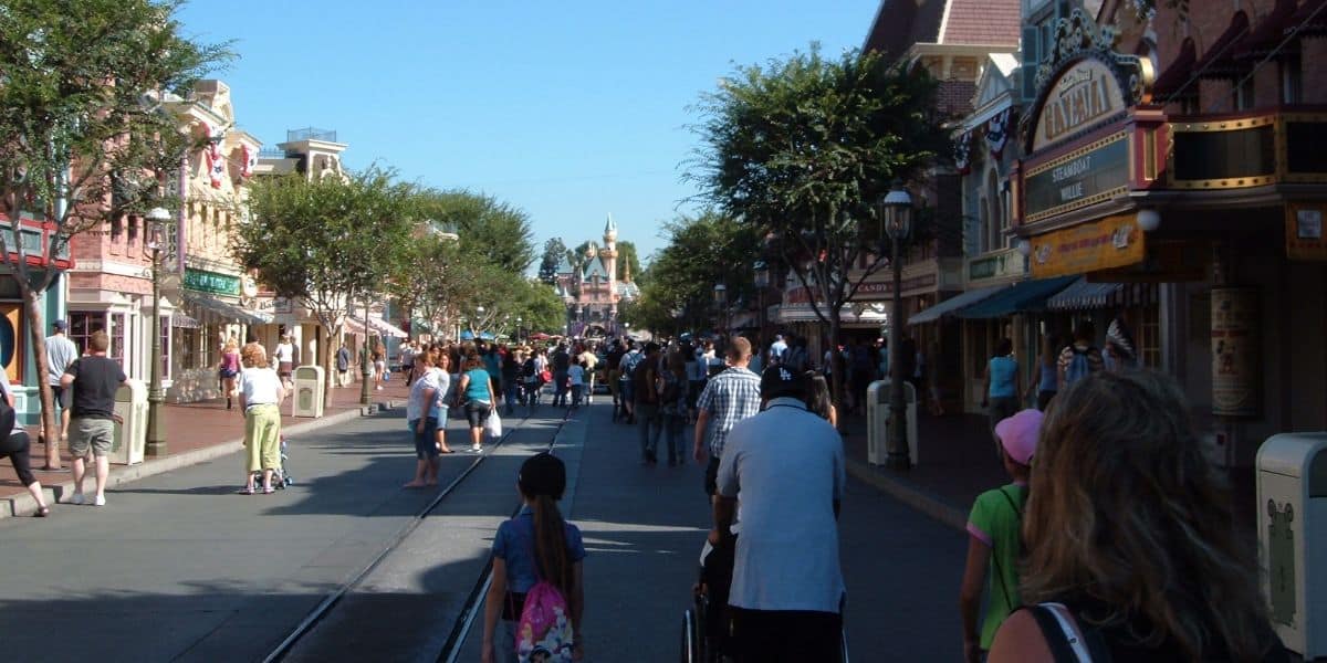 Guests stroll down Main Street, U.S.A. at Disneyland