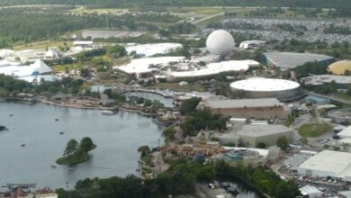 Aerial view of EPCOT, including Spaceship Earth and the World Showcase Lagoon