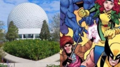 split image: on the left, spaceship earth. on the right, x-men comic heroes