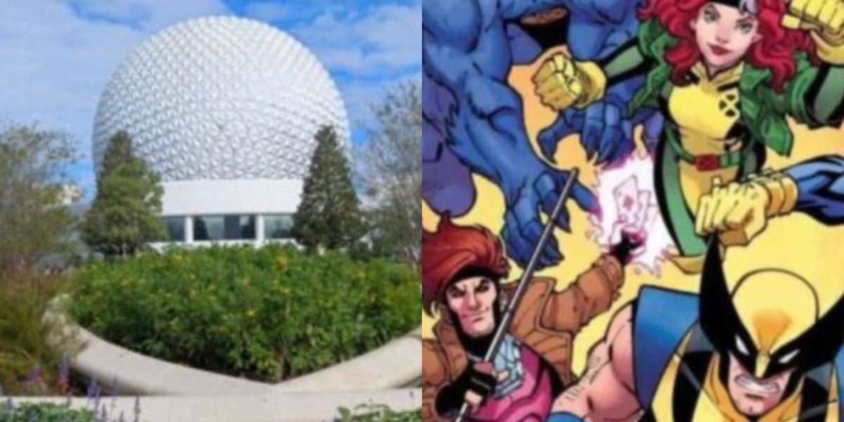 split image: on the left, spaceship earth. on the right, x-men comic heroes