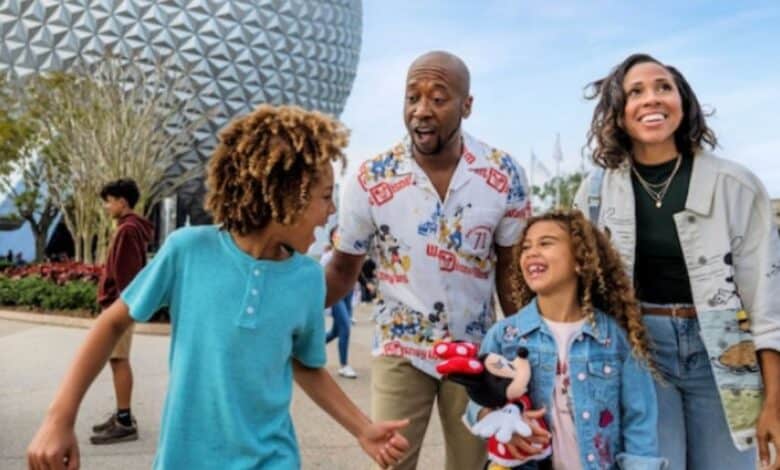 family in front of spaceship earth at EPCOT in disney world