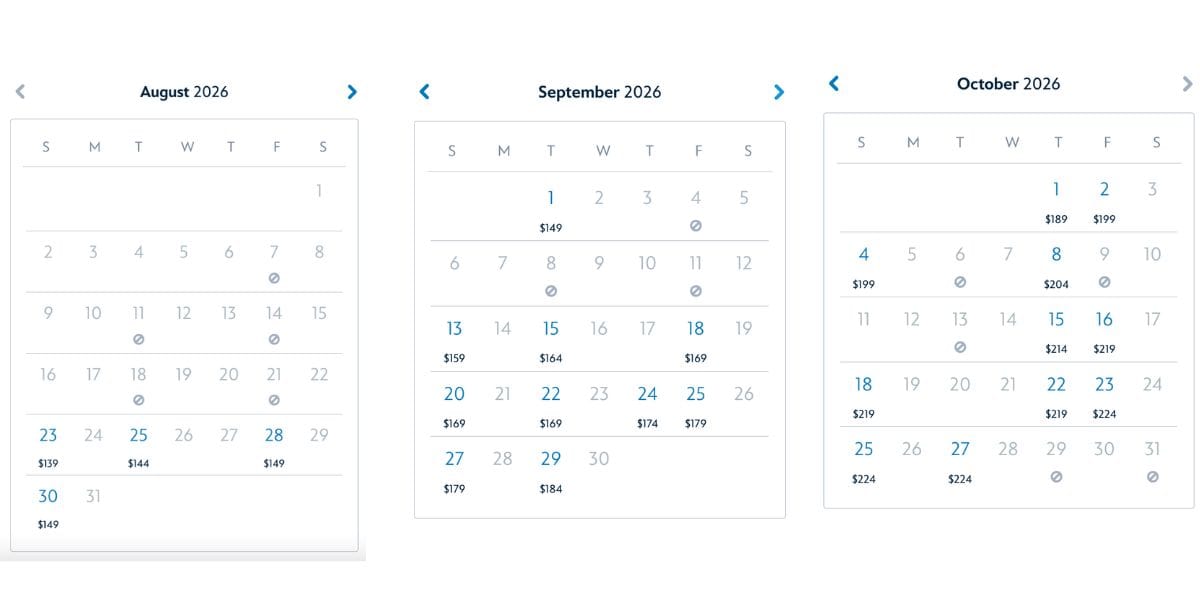 Monthly calendars for August, September, and October 2026 display available/unavailable nights for Mickey's Not So Scary Halloween Party at Disney World