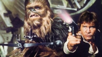han solo and chewbacca in star wars: a new hope (1977)