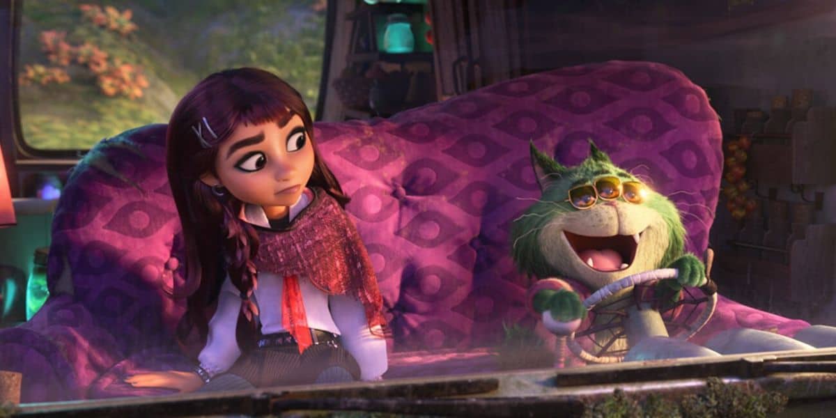 A lively animated girl gazes in awe at a mischievous green cat, rocking cool shades and gripping a steering wheel as they lounge together on a purple couch. The whole scene pops with playful, spellbound Disney magic—like something straight from an enchanted ride or attraction that brings beloved characters to life for theme park guests.