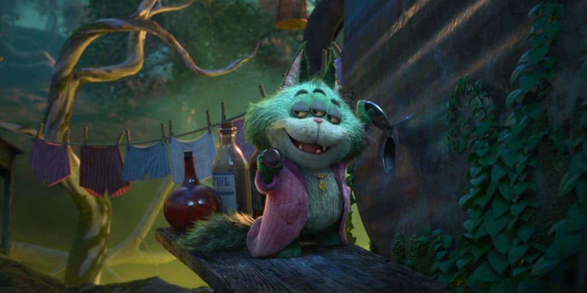 A vibrant green, fluffy cat character in a playful pink robe beams with delight beside whimsical bottles and piles of laundry, nestled within a storybook forest scene that radiates magical woodland charm—evoking the enchanted fun and sense of wonder fans love in classic Disney park attractions.
