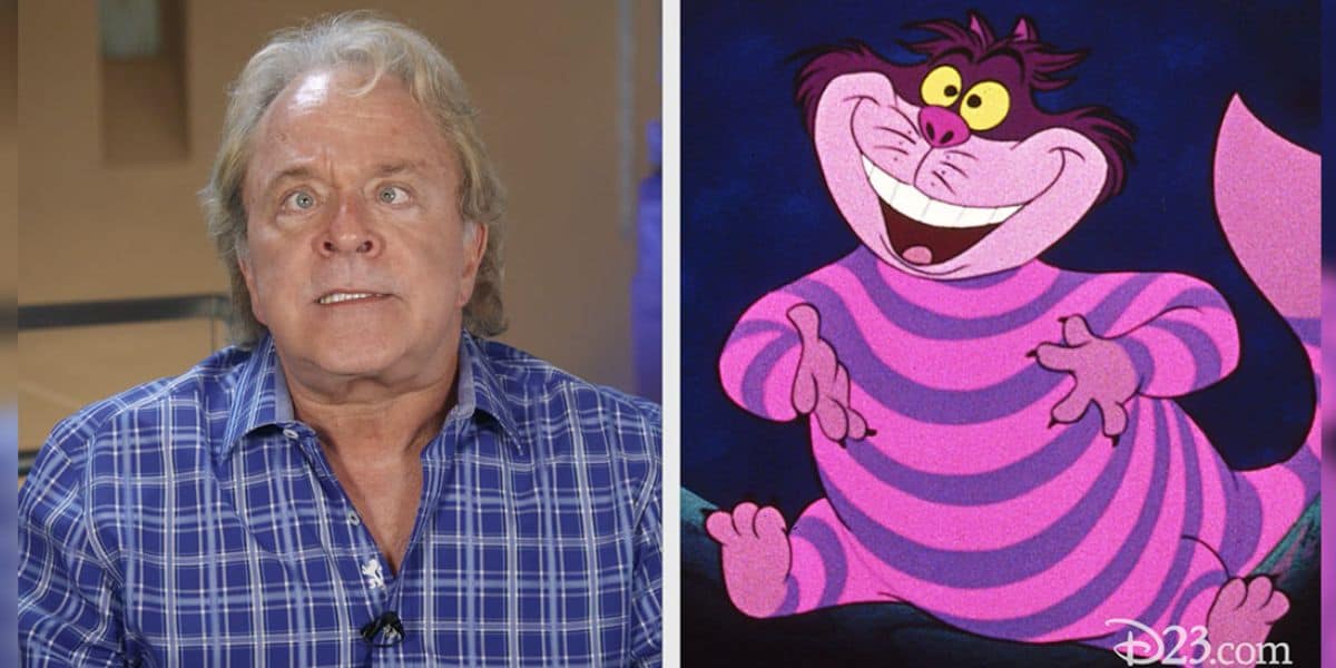 A guest in a blue plaid shirt poses with the animated Cheshire Cat from Disney’s “Alice in Wonderland,” made famous by the iconic performance of Disney Legend Sterling Holloway.