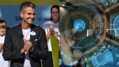 split image: on the left, Josh D'Amaro claps. on the right, Tony Stark using JARVIS