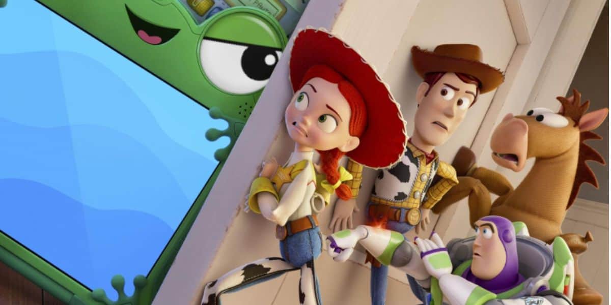jessie, woody, buzz, and bullseye try to close the door on lilypad in toy story 5
