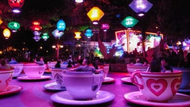 Guests spin in the Mad Tea Party teacups at Disneyland Park at night