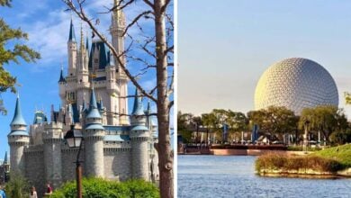 Left: Cinderella Castle from the side at Magic Kingdom. Right: Spaceship Earth over the World Showcase Lagoon at EPCOT.