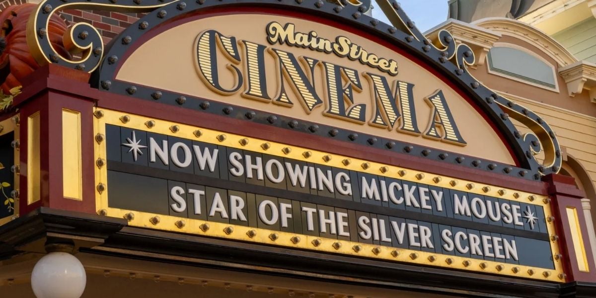 The iconic Main Street Cinema marquee at Disneyland