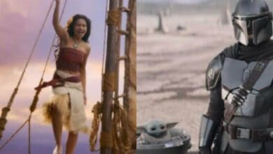 split image: on the left, live-action moana. on the right, mandalorian and grogu