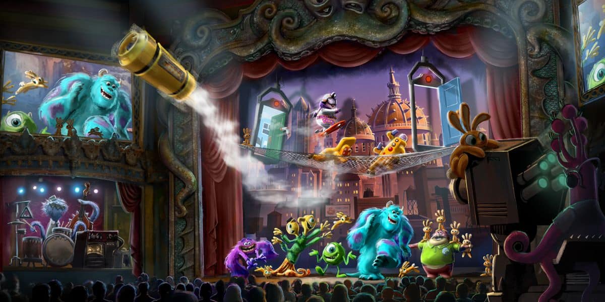 Monsters Inc characters light up the stage in a vibrant live show at Monsters Inc Land, entertaining enthusiastic audiences with energetic performances amid cityscape backdrops and the cheers of theme park guests.