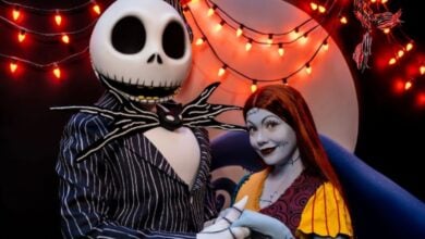 Jack and Sally characters in Disneyland during Halloween