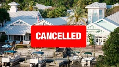 A bright red “CANCELLED” sign stretches across a view of Disney’s marina, with boats docked along the waterfront and tropical-inspired resort buildings in the background, signaling to Disney fans that the special Disney Brunch event set for October 5 will no longer take place.