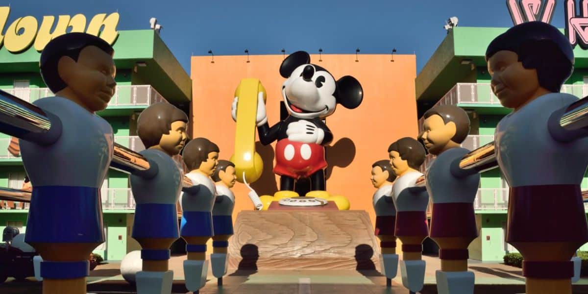 An oversized fooseball court and the Mickey Mouse phone at Disney's Pop Century Resort