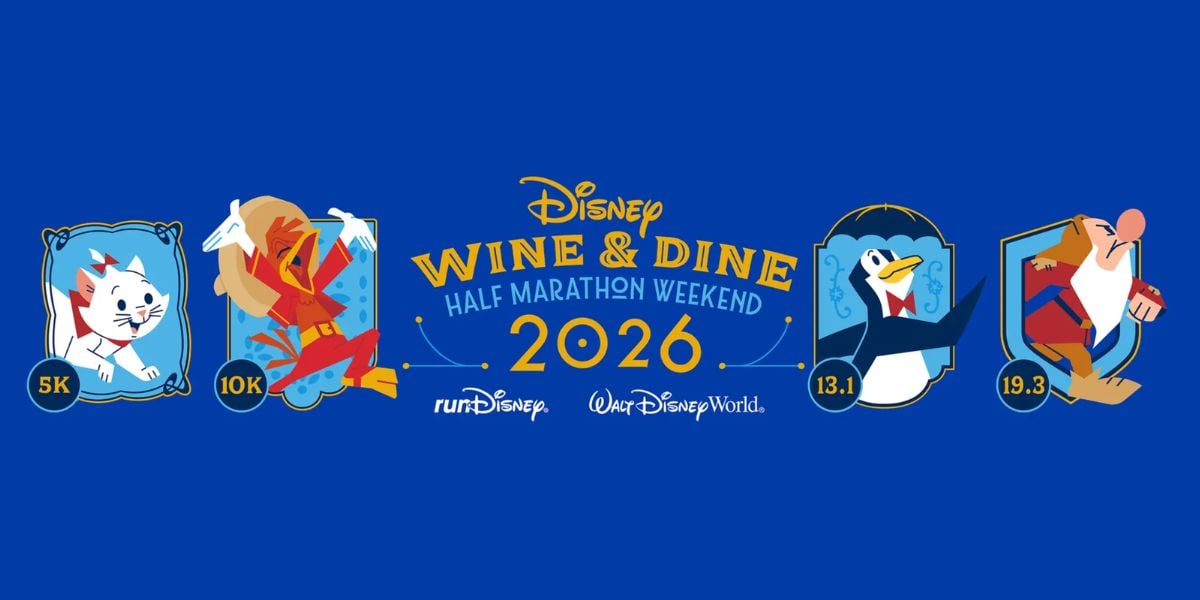 Disney Wine & Dine Half Marathon 2026 event logo featuring beloved Disney animal characters embodying each race distance, capturing the festive spirit of a Walt Disney World race weekend.