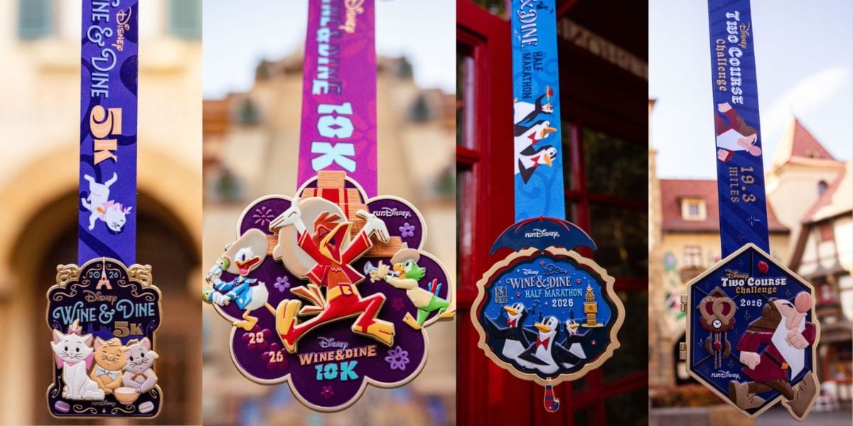 A vibrant lineup of Disney race medals featuring beloved cartoon characters, each representing a unique run distance, displayed together as treasured souvenirs for runDisney fans.