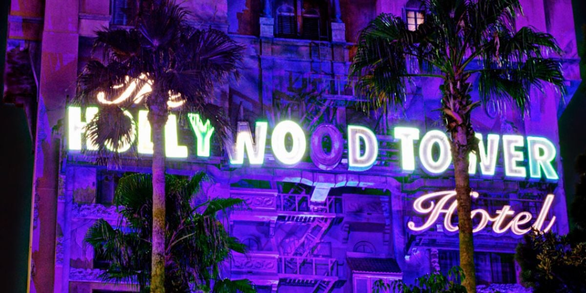 The iconic Hollywood Tower Hotel sign illuminates the night