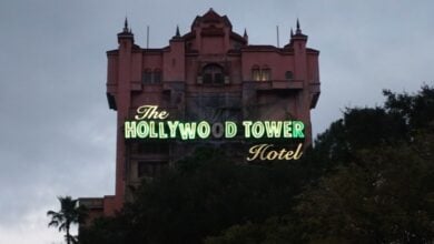 The Twilight Zone Tower of Terror at dusk.