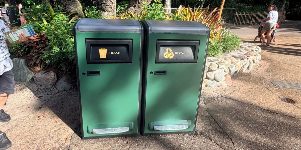 Two green bins, clearly marked “Trash” and “Recycle,” are perfectly placed side by side in a lush Animal Kingdom setting. Just like everything at Walt Disney World, these bins are thoughtfully designed to blend with the park’s immersive atmosphere, making even waste disposal part of the magical experience.