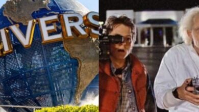 split image. on the left, universal's spinning globe. on the right, doc and marty from back to the future