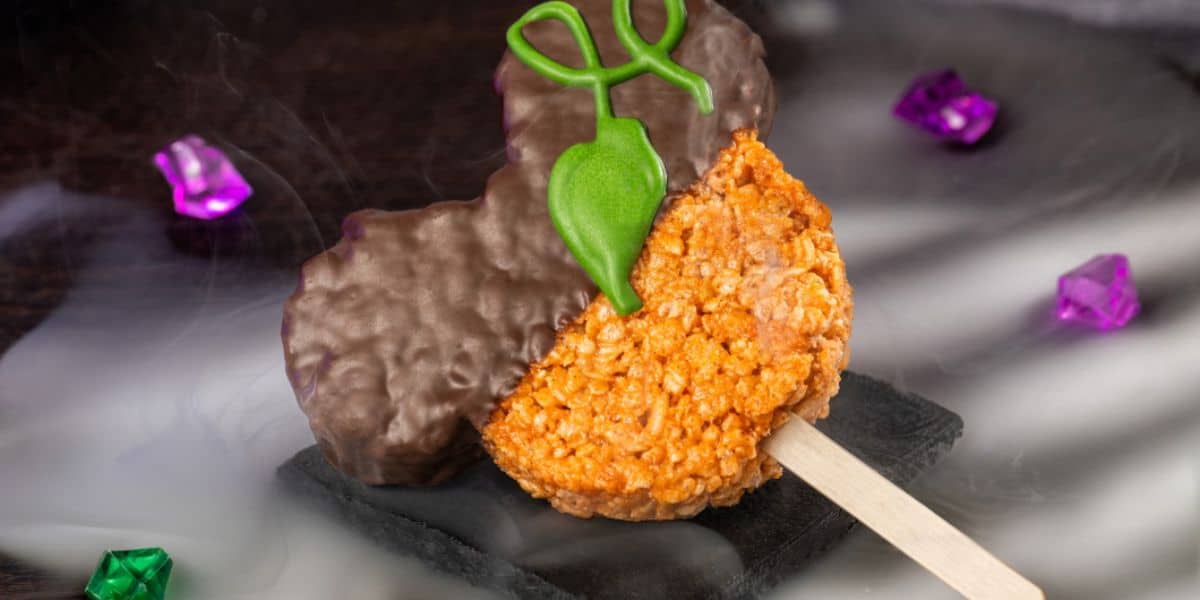 Pumpkin spice-flavored crisped rice cereal treat with milk chocolatey coating at Disney World for Halloween