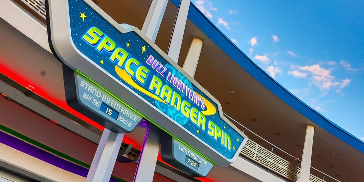 entrance to buzz lightyear space ranger spin ride inside tomorrowland area of disney world's magic kingdom theme park