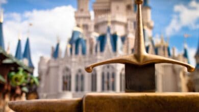 sword in the stone in front of magic kingdom's cinderella castle in disney world