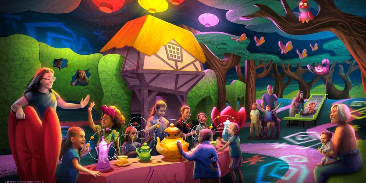 Guests of all ages enjoy a fantastical tea party experience in Enchanted Forest, surrounded by vibrant scenery and glowing lanterns overhead, creating a magical atmosphere reminiscent of top theme park attractions.