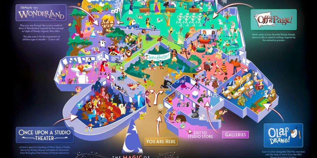 Vivid illustrated map showcasing a Disney exhibit, featuring immersive themed rooms, favorite Disney characters like Mickey and Elsa, and clearly marked attractions for fans to explore.
