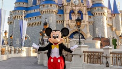 Mickey Mouse standing in front of Cinderella Castle at Disney World.