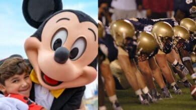 split image. on the left, mickey mouse with young guest at disney world. on the right, football players line up