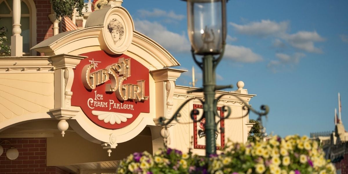 The Gibson Girl Ice Cream Parlour sign at Disneyland Park Paris