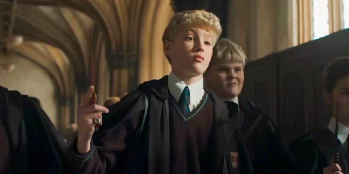 Draco Malfoy played by Lox Pratt in HBO's new Harry Potter reboot, holding his wand