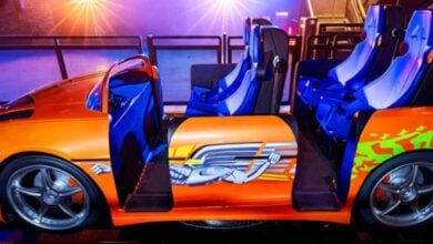 orange vehicle for fast and furious: hollywood drift coaster in universal theme park