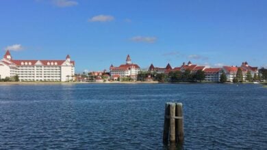 Disney's Grand Floridian Resort & Spa visible across the Seven Seas Lagoon