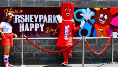Twizzler dancers posing in front of a Hersheypark sign.