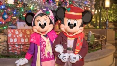Mickey and Minnie Mouse dressed in cozy winter outfits in Disneyland Resort